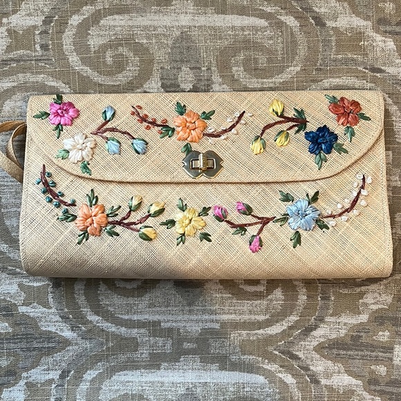 Bags Vintage Straw Clutch With Floral Design Poshmark